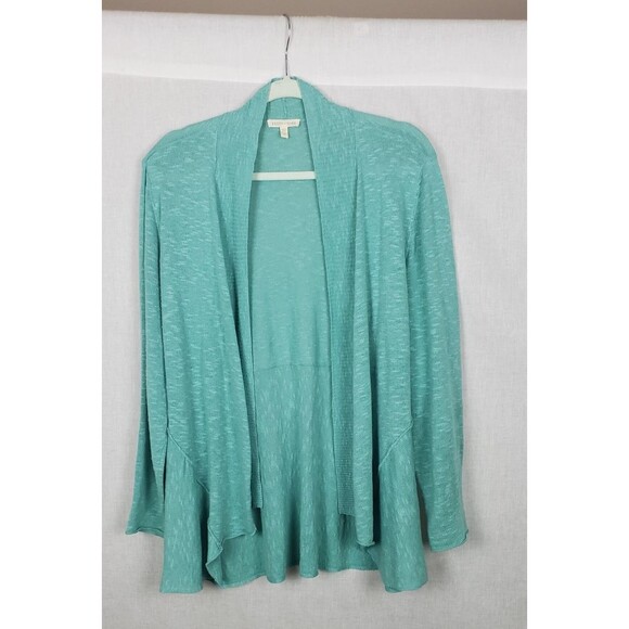 Eileen Fisher Knit Cardigan Open M Slub Green Asymmetric Hem Linen Blend Casual - Picture 1 of 5